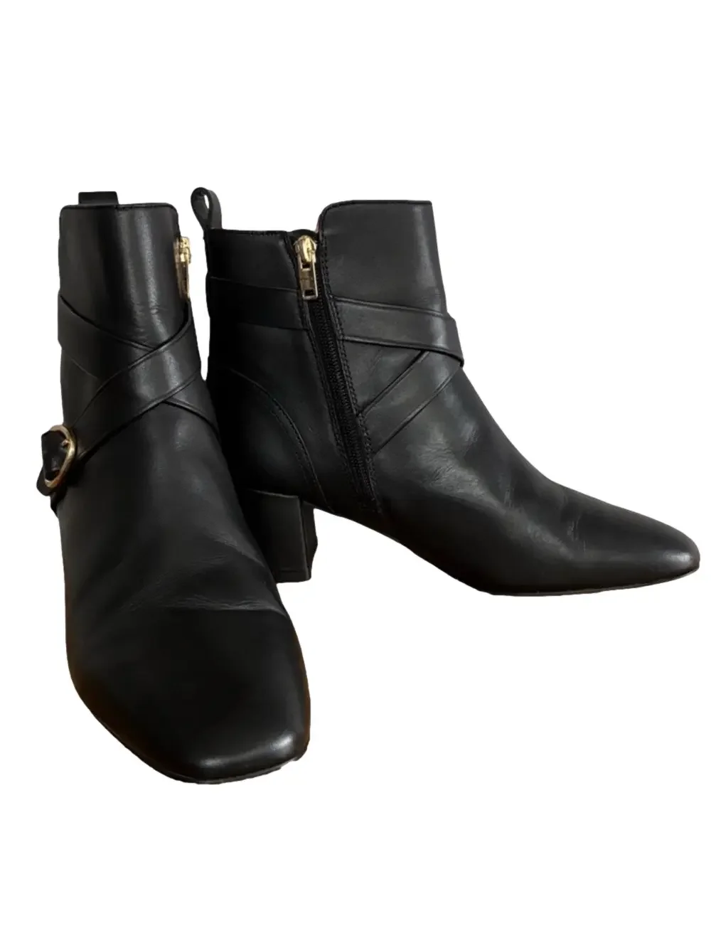 Coach Nadia Black Leather Ankle Boots Horse Carriage Buckle Block Heel 9.5
